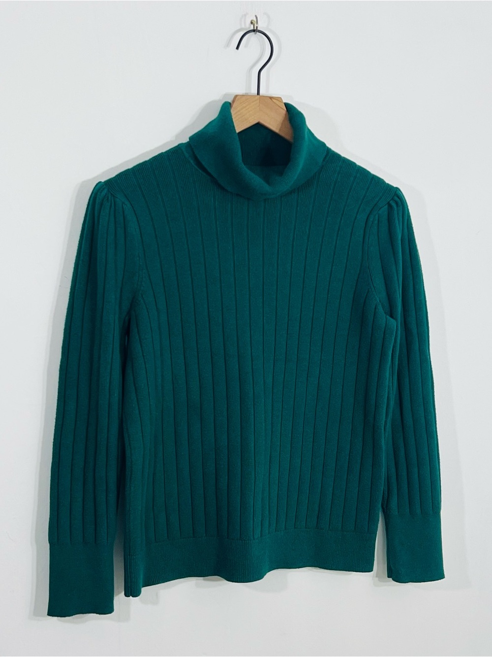 Talbots Forest Green Ribbed Pullover Turtleneck Fitted Stretch Minimalist Preppy